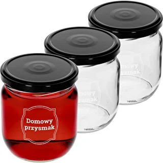 Sklenice TO 425ml s potiskem „Domácí pochoutka” a černým víčkem fi 82 - 3ks.