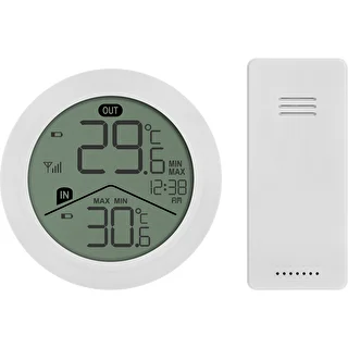 Elektronický teploměr značky Soens – kulatý, bílý, s bezdrátovým venkovním čidlem