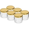 Nízká sklenice 330ml - se zlatým víčkem fi 82/6, 6ks. ['nízká sklenice', ' skleněná sklenice', ' sklenice 330ml', ' víčko twist-off', ' sklenice na džemy', ' nádoba na skladování', ' domácí konzervy', ' sklenice na sledě', ' sklenice na salát', ' sklenice na dezert']