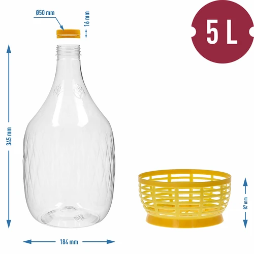 Demižon Dama 5 L PET, s uzávěrem a košíkem - 6
