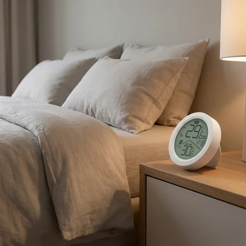 Elektronický teploměr značky Soens – kulatý, bílý, s bezdrátovým venkovním čidlem - 6