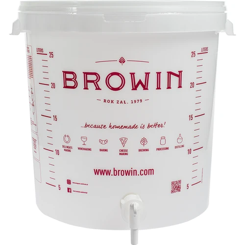 Fermentační nádoba 30L, bílá s potiskem, kohoutkem a 2 trubkami - j.EN - 7