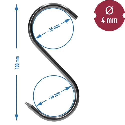 Háčky na uzení – ve tvaru S, ostřené, 4 mm × 100 mm, 5 ks. - 6