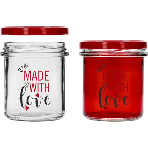 Jednoduchá sklenice 346ml fi 82 s barevným potiskem "Made With Love" a bordovým víčkem, 3 ks. - 4
