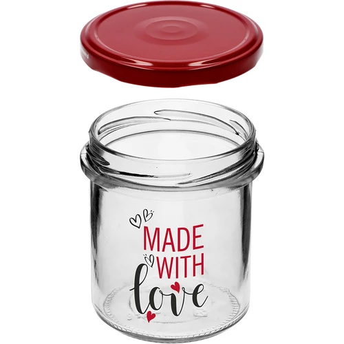 Jednoduchá sklenice 346ml fi 82 s barevným potiskem "Made With Love" a bordovým víčkem, 3 ks. - 5