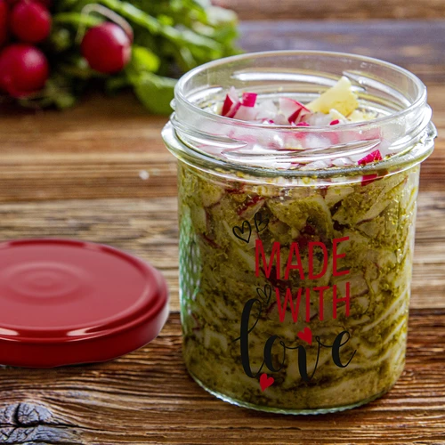 Jednoduchá sklenice 346ml fi 82 s barevným potiskem "Made With Love" a bordovým víčkem, 3 ks. - 8