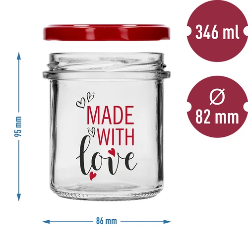 Jednoduchá sklenice 346ml fi 82 s barevným potiskem "Made With Love" a bordovým víčkem, 3 ks. - 6