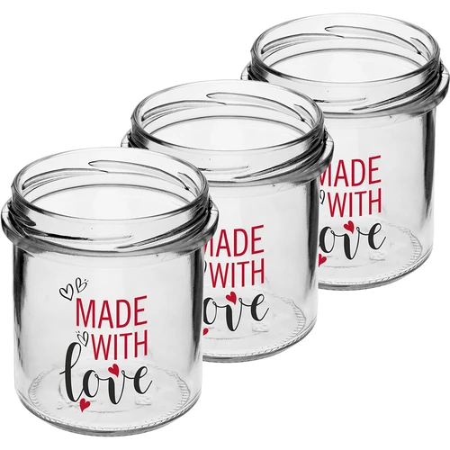 Jednoduchá sklenice 346ml fi 82 s barevným potiskem "Made With Love" a bordovým víčkem, 3 ks. - 3