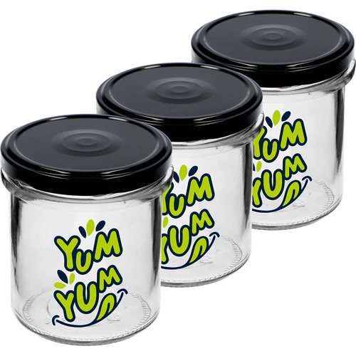 Jednoduchá sklenice 346ml fi 82 s barevným potiskem "Yum Yum" a černým víčkem, 3 ks. - 2