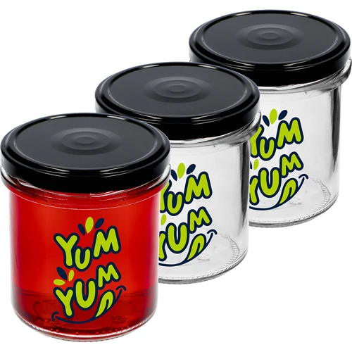 Jednoduchá sklenice 346ml fi 82 s barevným potiskem "Yum Yum" a černým víčkem, 3 ks.