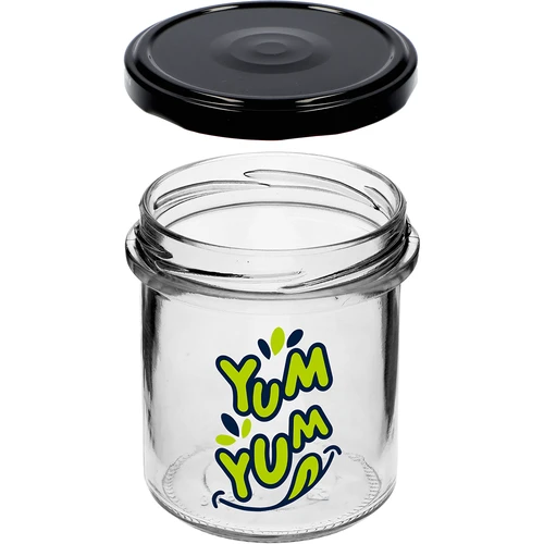 Jednoduchá sklenice 346ml fi 82 s barevným potiskem "Yum Yum" a černým víčkem, 3 ks. - 5