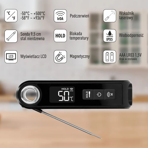 Kuchyňský infračervený teploměr, kompaktní, se skládací sondou - 8