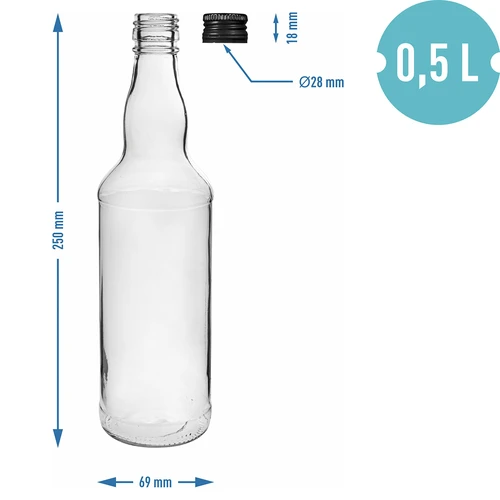 Láhev 500 ml na vodku, s černým šroubovacím uzávěrem, 6 ks. - 5