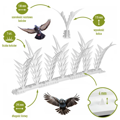 Lišty s hroty odpuzující ptáky, ozdobné, bílé - z plastu, 6 ks - 3