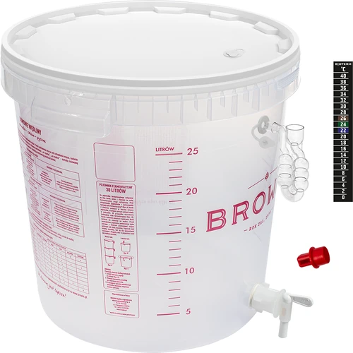 Nádoba na fermentaci piva s kvasnou trubkou, kohoutkem, teploměrem a reduktorem usazenin