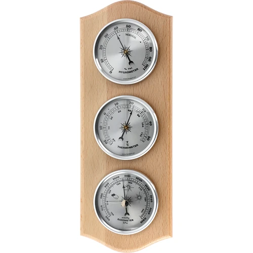 Retro meteorologická stanice - přírodní dřevo se stříbrnými ciferníky