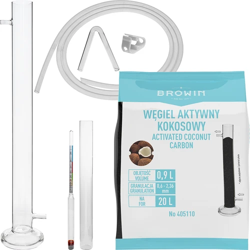 Skleněná filtrační kolona v sadě s alkoholoměrem, silikonovou hadičkou a kokosovým uhlím