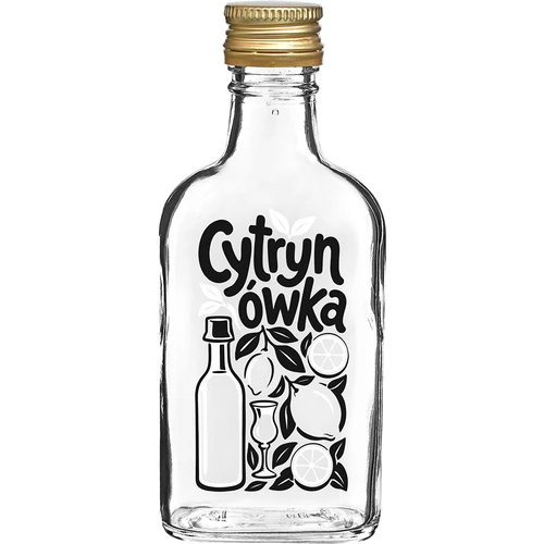Skleněná placatka 200 ml se šroubovacím uzávěrem a potiskem „Cytrynówka”, vzor 1