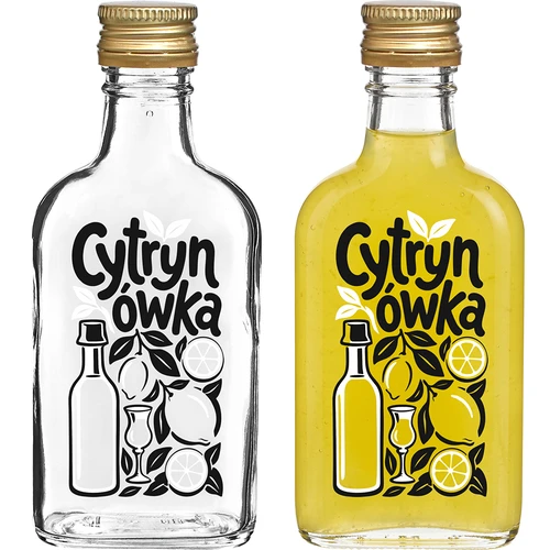 Skleněná placatka 200 ml se šroubovacím uzávěrem a potiskem „Cytrynówka”, vzor 1 - 2