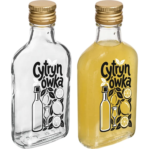Skleněná placatka 200 ml se šroubovacím uzávěrem a potiskem „Cytrynówka”, vzor 1 - 3
