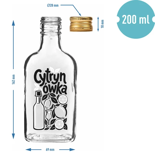 Skleněná placatka 200 ml se šroubovacím uzávěrem a potiskem „Cytrynówka”, vzor 1 - 4