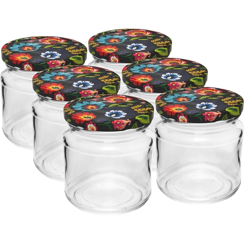 Sklenice o objemu 212 ml, s barevnými víčky ø 66.