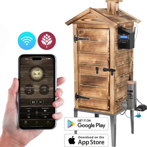 Udírna s Wi-Fi, 200 l - dragON WOOD 100IQ s elektrickým topným modulem a řídicí jednotkou, z opalovaného dřeva