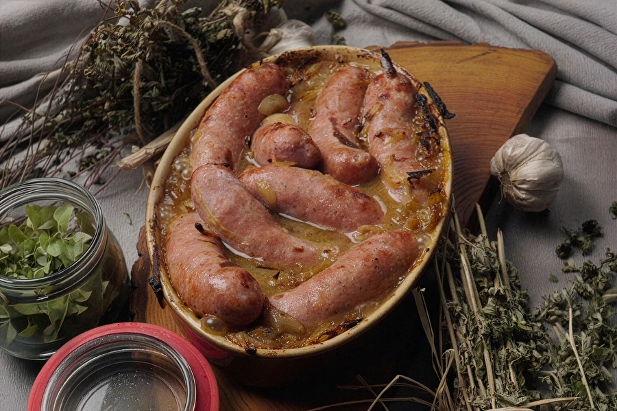 Bílá klobása pečená v pivu s hořčicí a cibulí
